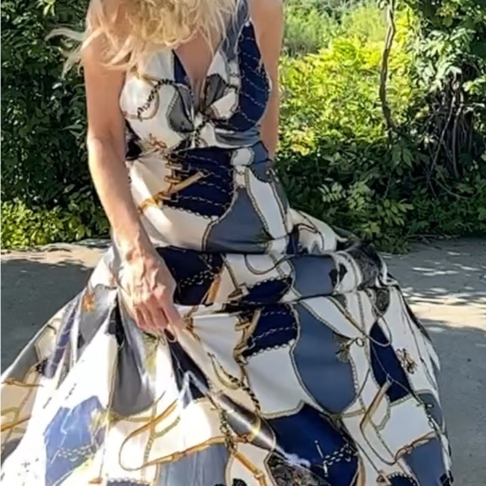 Satin Blue and White Women's summer Dress